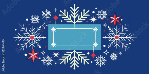 Festive Winter Snowflake Pattern with Decorative Geometric Frame and Stars on Blue Background