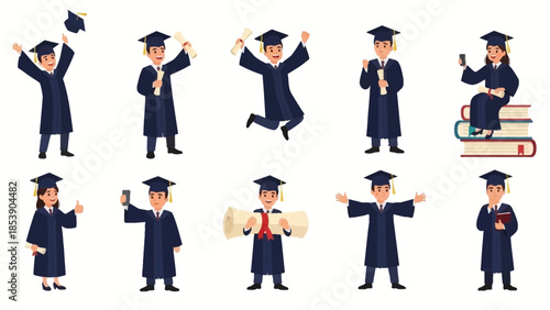 Happy graduates celebrating with diplomas in modern academic attire