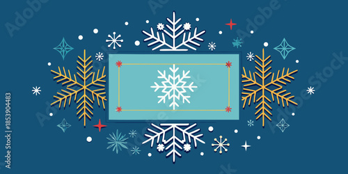 Festive Winter Snowflake Illustration with Geometric Accents and Starbursts on a Dark Blue Background