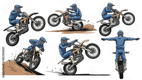 Motocross rider in blue gear performing stunts on dirt bike