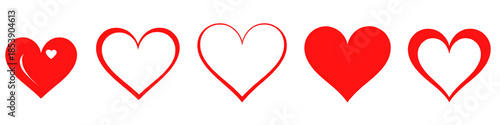 Set of red heart icons featuring solid and outline styles isolated on white background representing love romance emotion and design elements.