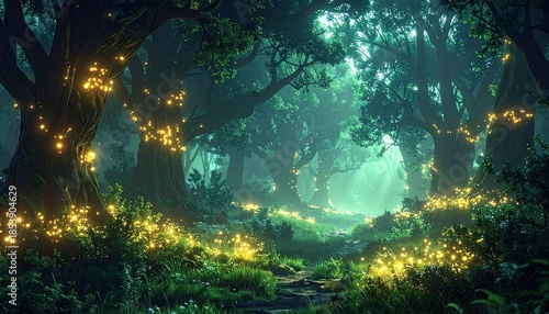 Enchanted Forest Path with Glowing Fireflies