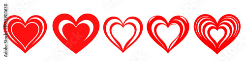 Set of red heart silhouette shapes with decorative curves isolated on white background representing love romance and emotion.