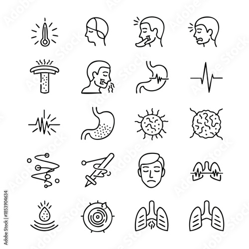 Collection of medical icons representing symptoms and diseases like fever, headache, cough, stomach ache, and lung conditions.