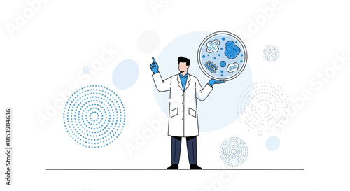 Scientist examining petri dish with microorganisms presents breakthrough discovery