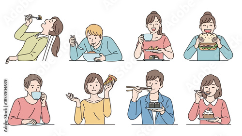 People enjoying various foods and drinks in happy moments