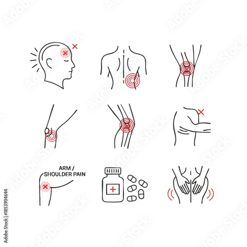 Collection of simple line icons illustrating various body pain points and medical treatment options for relief.