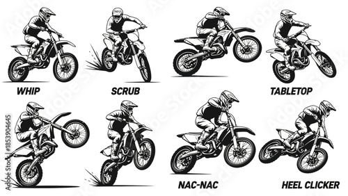 Motocross riders performing tricks illustrations