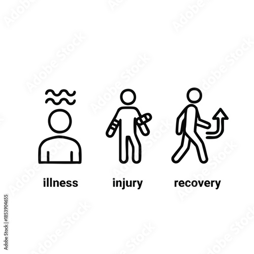 Simple line icons depict stages of illness, injury, and recovery with clear visual metaphors for health progression.