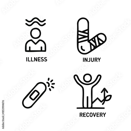 Set of four icons representing illness, injury, healing, and recovery with growth symbolizing progress and well-being.