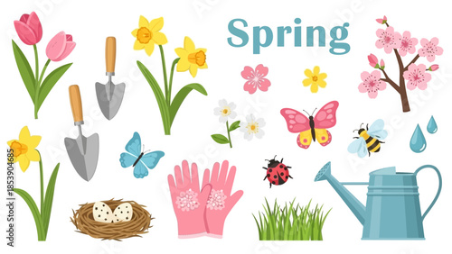 Vibrant spring gardening illustration with flowers, tools, and insects