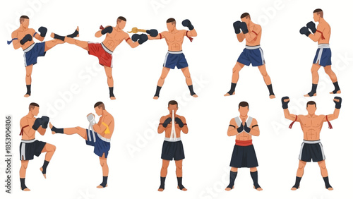 Muay Thai fighters in various combat stances and movements