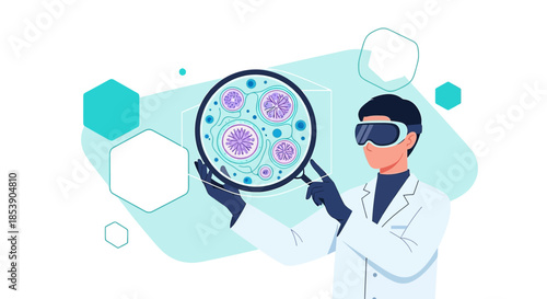 Scientist in VR examining petri dish bacteria under virtual reality enhanced magnification