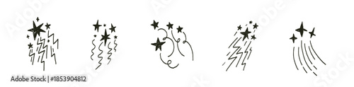 Sparkle and star doodle set with lightning, shooting stars and abstract magic accents. Minimal black line art elements for stickers, tattoos, branding, posters and decorative design.