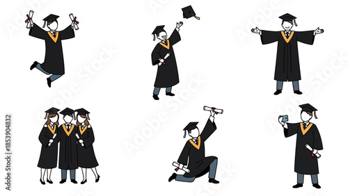 Happy graduates celebrating with diplomas in modern academic attire