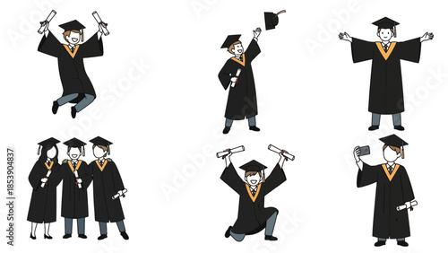 Graduates celebrating with diplomas in various joyful poses