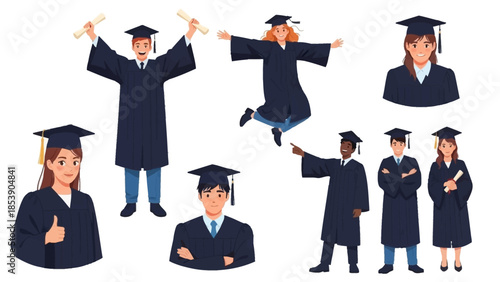 Happy graduates celebrating with diplomas in modern academic attire