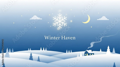 Winter landscape with snowflake crescent moon and cozy house serene snowy scene for holiday or seasonal design