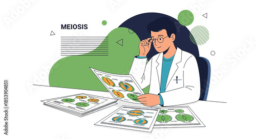 Scientist meticulously analyzes cellular division process in meiosis with diagrams