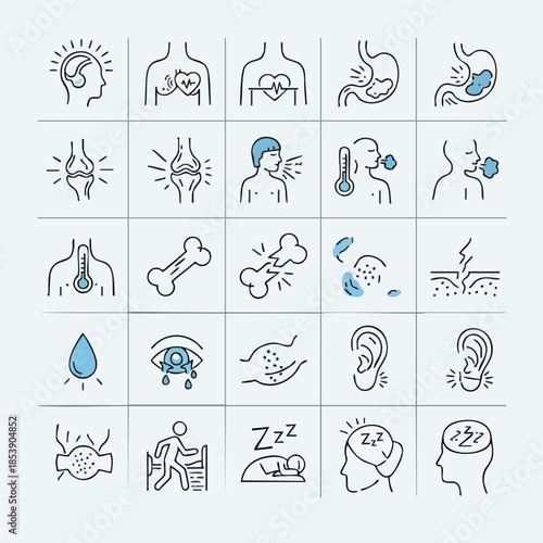 A comprehensive set of minimalist line icons depicting various human health conditions, common symptoms, and medical disorders for healthcare infographics.