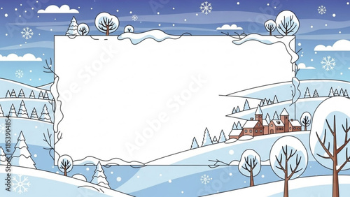 Winter landscape with snow-covered hills and village blank frame for text festive holiday background