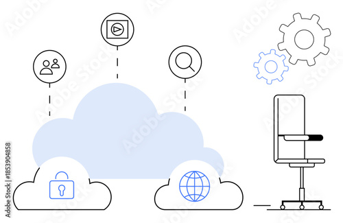 Cloud computing, data security, technology integration, online services, digital innovation, remote work. Illustration of clouds with icons thumbs up lock and globe. Cloud computing and data security