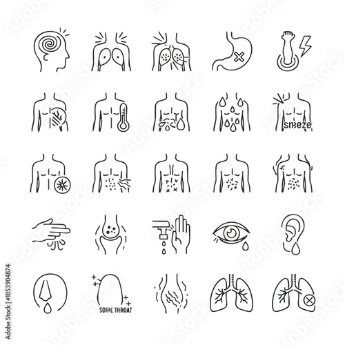 A comprehensive set of minimalist line icons illustrating a wide range of human illnesses, common symptoms, and various medical conditions for health awareness.