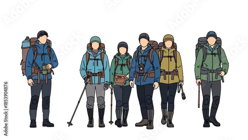 Group of hikers with backpacks and trekking poles standing together outdoors