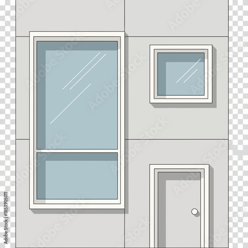 Building facade with a large window, small window, and door.
