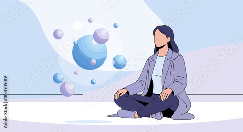 Serene woman meditating amidst abstract spheres in a tranquil and creative space