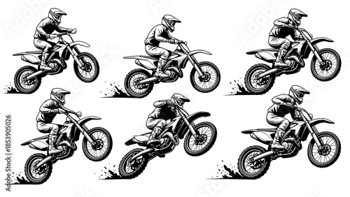 Dynamic motocross rider illustrations in various action poses