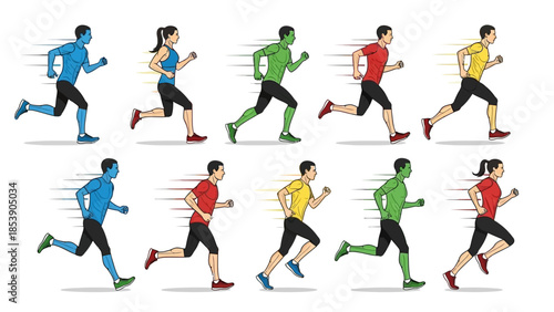 Diverse group of people running together in motion