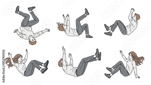 Diverse people falling in various dynamic poses with arms and legs raised
