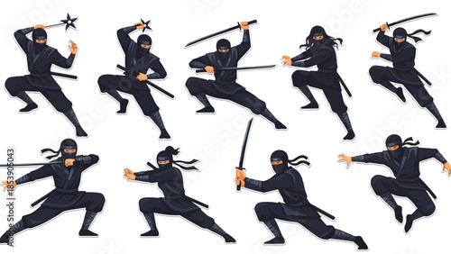 Dynamic ninja warriors in various combat poses with swords and shuriken