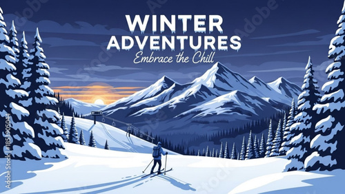 Winter adventures skier on snowy mountain slope with pine trees and sunset concept for outdoor recreation and travel