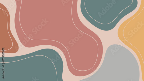 Abstract organic shapes with thin white outlines in muted colors.