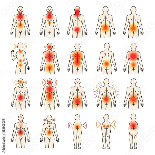 Diagrams illustrate human body pain points in red and orange, indicating discomfort and health concerns.