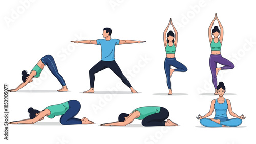 People practicing various yoga poses in modern illustration style