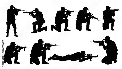 Soldiers in tactical positions with guns in various combat stances
