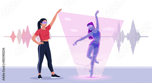 Virtual ballet experience, dancer using augmented reality for enhanced training, futuristic dance