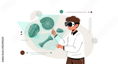 Virtual paleontology research: Researcher utilizing VR for ancient fossils analysis and study of
