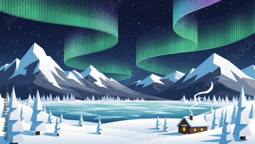 Aurora borealis over snow-capped mountains and frozen lake a cozy cabin in a winter landscape vector illustration
