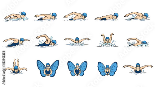 Swimmers in various strokes with dynamic movements and butterfly poses