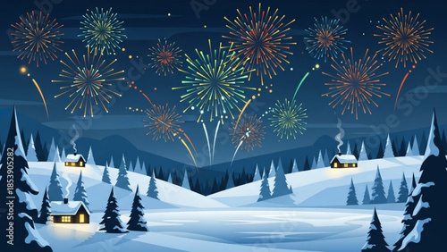 Colorful fireworks explode over a snowy winter landscape with cozy houses celebrating the New Year or a festive occasion