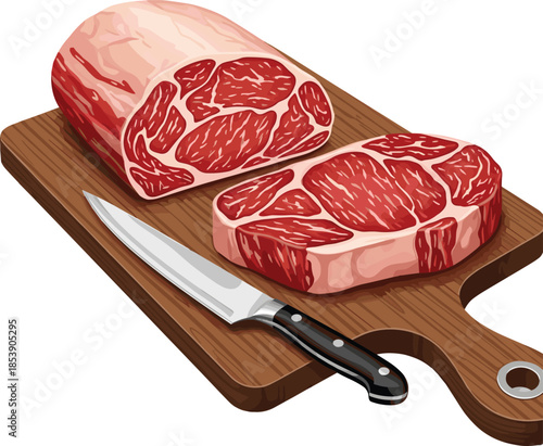 Detailed Vector Illustration of Fresh Raw Beef Steaks on a Wooden Cutting Board with a Professional Kitchen Knife