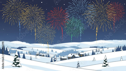 Colorful fireworks explode over a snowy village landscape at night celebrating winter holidays and New Years Eve
