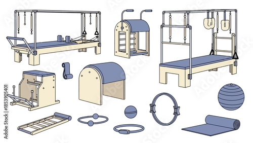 A collection of various Pilates equipment for fitness and exercise