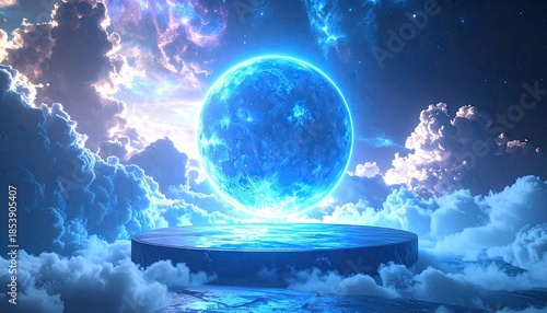 Ethereal Blue Orb Above Cloudscape