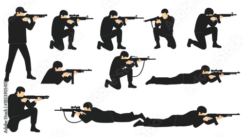 A man in black clothing is shown in various shooting positions with a gun