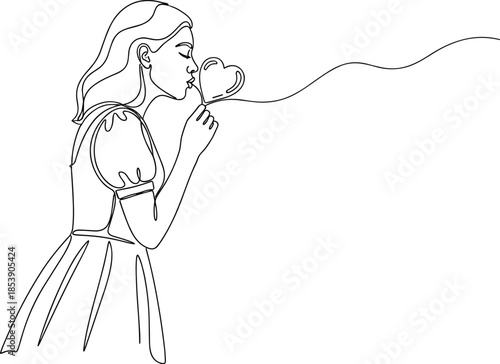 One Line Art Illustration of a Woman Blowing a Heart Bubble Representing Love Hope and Romantic Connection Concept
